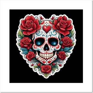 Valentine Blooms of Love: Sugar Skull on Heart of Flowers Posters and Art